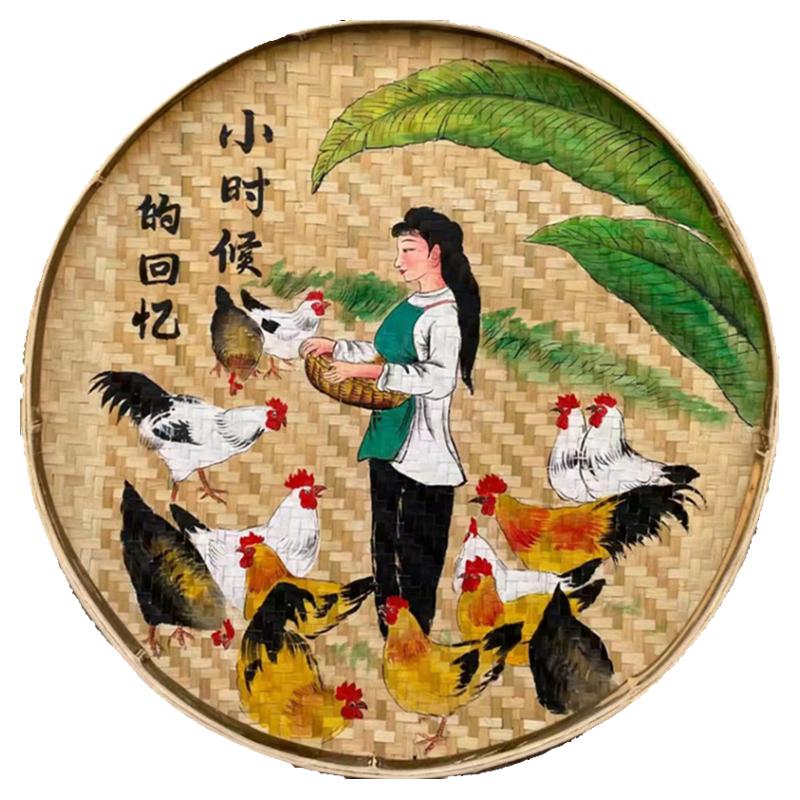 竹编手绘画农家乐装饰挂件地锅鸡柴火鸡饮食文化簸箕画饭店复古画