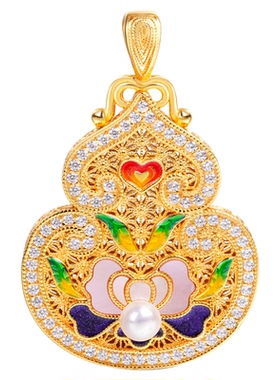 VISING珠宝【富贵福禄】金色花丝镶嵌贝母珐琅工艺葫芦吊坠S925