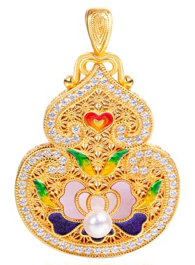 VISING珠宝【富贵福禄】金色花丝镶嵌贝母珐琅工艺葫芦吊坠S925银
