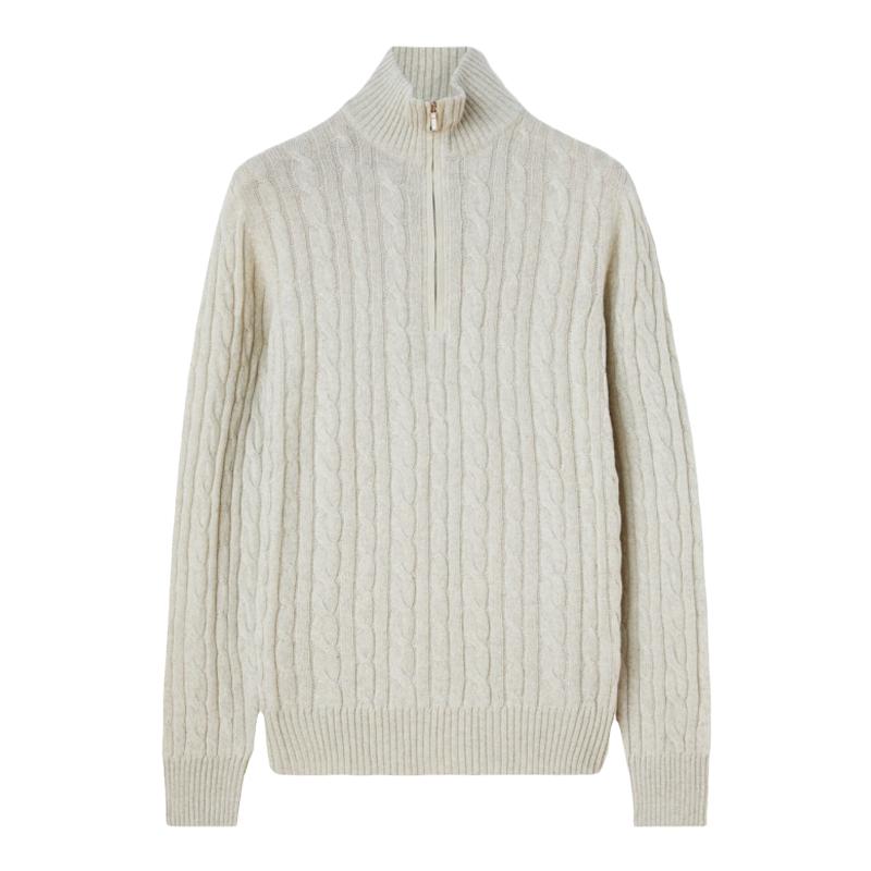 Loro Piana/诺悠翩雅男装羊绒编织立领拉链白色针织毛衣