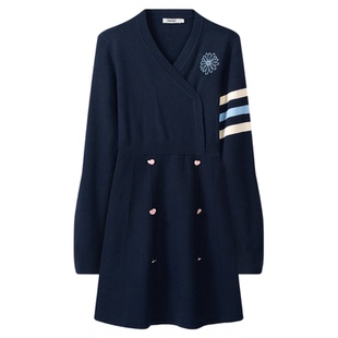 MARDI学院风针织连衣裙女撞色条纹收腰A字裙藤蓝色休闲长袖中长款