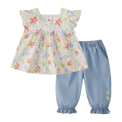 杰里贝比女童夏装套装小童夏季全棉衣服儿童长裤薄款宝宝两件套