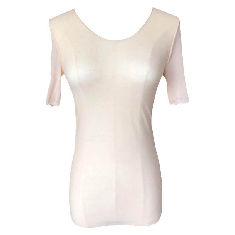 短袖纯色薄纱料女弹力衣服