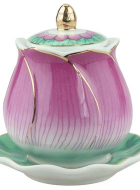 陶瓷供杯水杯浮雕彩绘富贵莲花杯