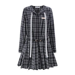 UNIFREE黑白格子长袖连衣裙女蕾丝烫钻美式连帽复古学院风衬衫裙