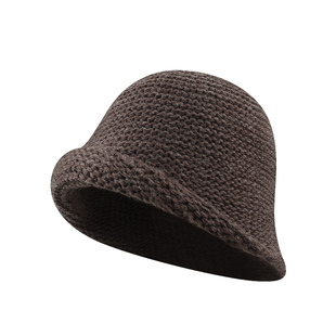 韩版含羊毛粗棒针卷边渔夫帽女秋冬显脸小盆帽大头围针织水桶帽子