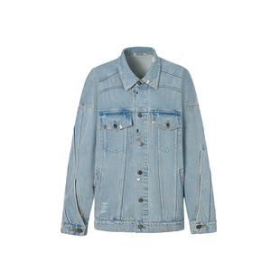 LEDIM WANG复古牛仔外套女天蓝色立体梗长袖宽松休闲2026春季新款