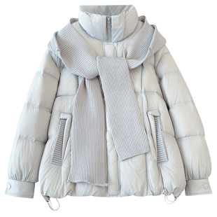 巨好看的针织围巾连帽泡芙面包羽绒服女中长款2025冬装新加厚外套