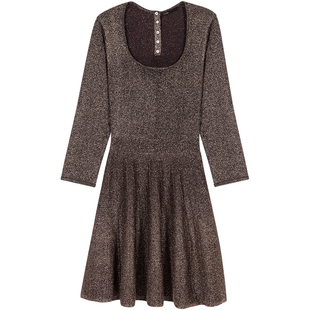 Maje秋冬女装法式金色全身细闪经典方圆领短款修身长袖针织连衣裙