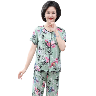 老年人女装睡衣春秋款短袖短裤妈妈棉绸开衫套装宽松家居服可外穿