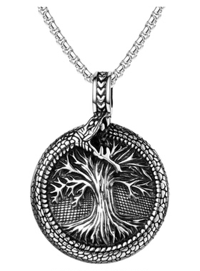 潮男钛钢北欧神话宇宙树盘蛇项链