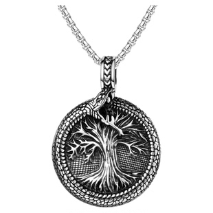 Yggdrasil 北欧神话宇宙树盘蛇项链男钛钢复古衔尾蛇生命之树项链