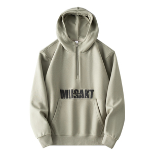 美式复古潮流新款连帽男士卫衣秋冬季2025加绒宽松半拉链休闲外套