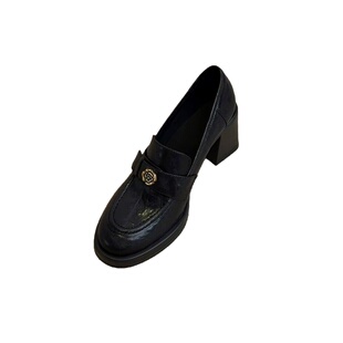 羊皮版~粗跟高跟鞋山茶花乐福鞋女2025新款通勤单鞋子棕色小皮鞋