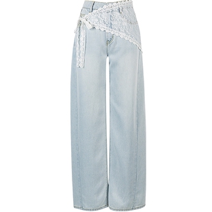 KBNE牛仔裤女淡蓝色水洗牛仔蕾丝混搭风2025夏季新款通勤直筒裤