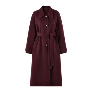 秋水伊人安可拉红驼绒羊毛大衣女2025冬新款女桑蚕丝双面呢外套