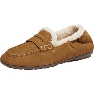 百思图2025冬季新款真皮加绒保暖毛毛乐福鞋舒适女单鞋UXE06DA5