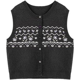 LAGOGO提花狂想曲彩扣针织马甲女拉谷谷2025冬季新款学院灰色背心