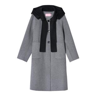 【100%绵羊毛】SALT.P可颜绑带蝴蝶结撞色连帽毛呢大衣冬款