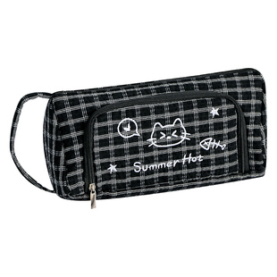 2026新款笔袋高颜值ins风女生文具盒大容量格纹小猫简约学生铅笔盒小众可爱刺绣儿童女孩小学生多功能文具袋