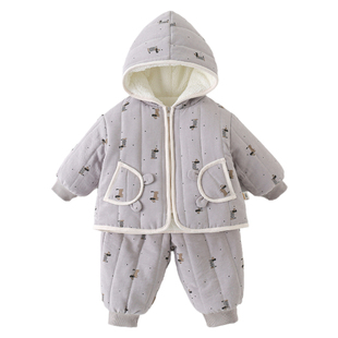 男宝宝加绒夹棉套装秋冬婴幼儿绗棉衣服冬季棉衣棉裤连帽两件套潮