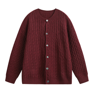 飞型记绵羊毛麻花纯色毛衣开衫男女秋季复古百搭情侣针织红色外套