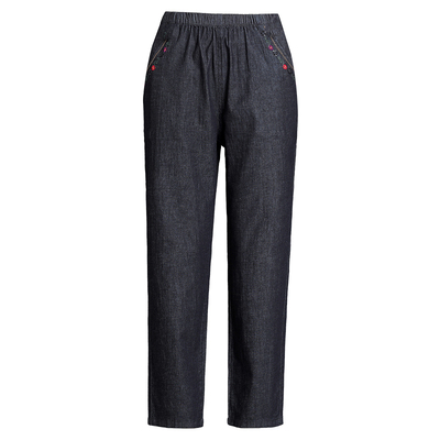 豪太太棉质中老年九分牛仔裤绣花