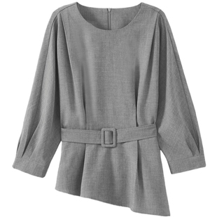 德玛纳商务通勤七分袖衬衫26春秋新款圆领不对称式衬衣收腰上衣女