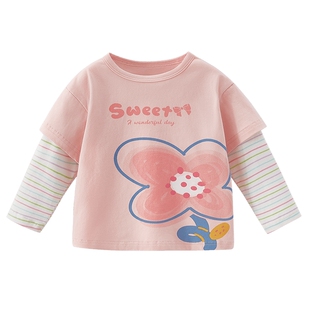 女童长袖t恤儿童春装条纹假两件衣服小童春季洋气宝宝圆领上衣潮