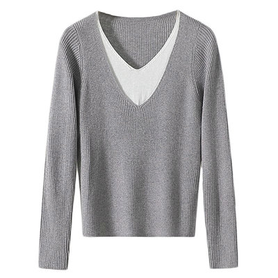 V领针织打底衫女秋冬大码内搭设计感小众假两件修身显瘦长袖上衣