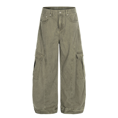 SWAG复古阔腿弧形显瘦军绿工装裤