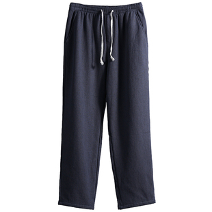 草民麻衣冬季加绒防风保暖休闲裤男厚款宽松直筒松紧苎麻防寒裤子