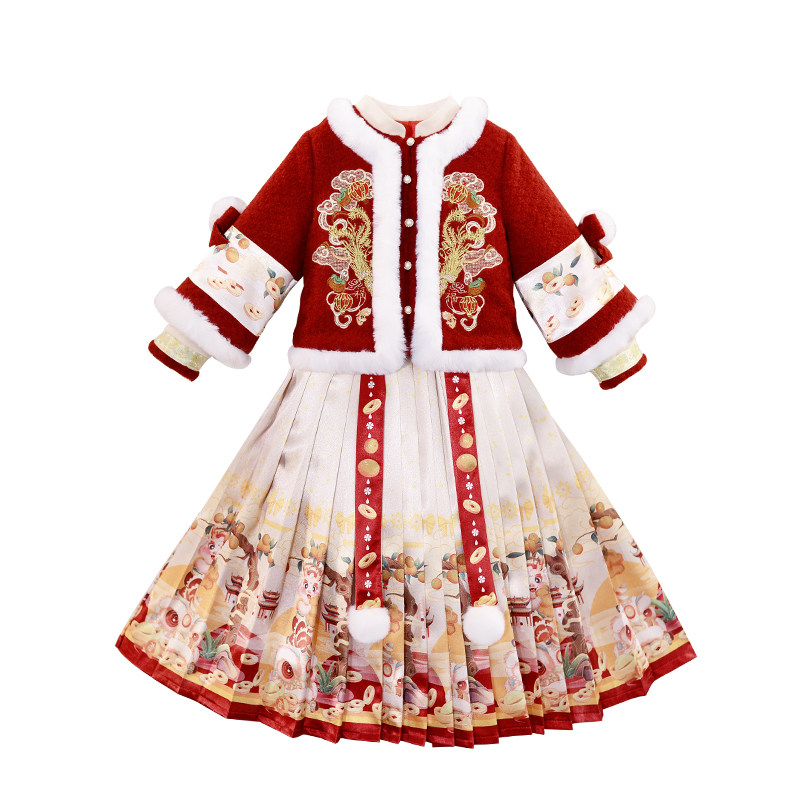 2025新款女童马面裙秋冬装汉服儿童装套装国风拜年服过年新年衣服