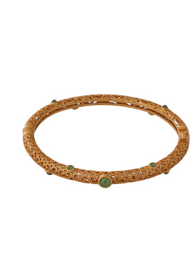 山予棠S925纯银镀金和田碧玉复古宫廷款如意镂空花纹手镯气质手环