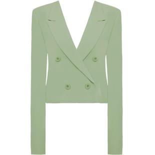 DPLAY女装新气质通勤薄荷曼绿戗驳领双排扣宽松短款西装外套套装