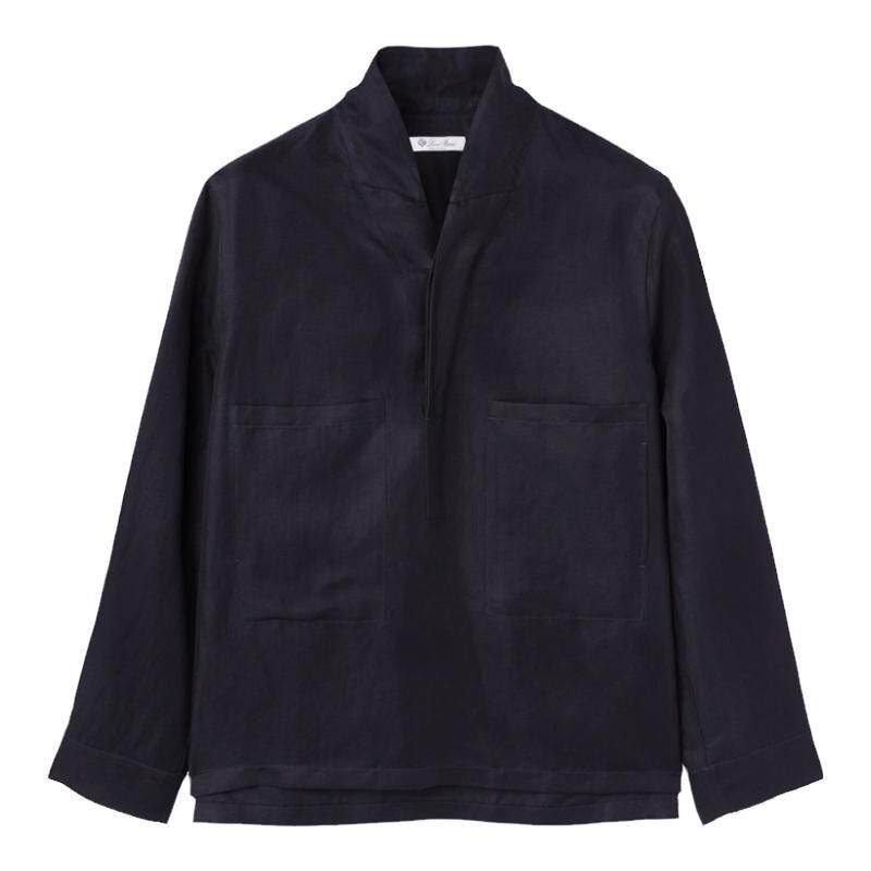 Loro Piana/诺悠翩雅男装海军蓝色亚麻布立领宽松长袖衬衫