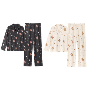 秋季睡衣男女同款情侣装春天长袖开衫翻领卡通可爱夫妻家居服套装