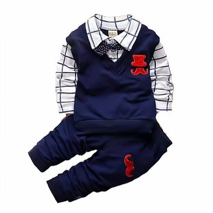 BibiCola男童假两件衬衫套装秋冬学院风翻领长袖两件套