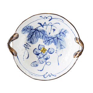 日本制美浓烧手绘复古双耳菜盘子做旧日式咖喱饭盘水果盘点心碟