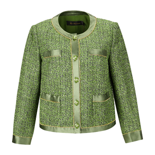 秋冬新款阿丹娜女绿色闪葱花纱小香风外套圆领复古官方旗舰店正品