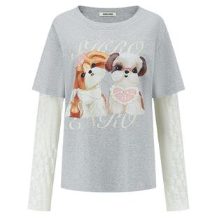SHRO ENRO 2026年春季新款百搭正肩小狗印花拼接蕾丝长袖T恤上衣