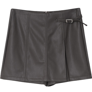 PU皮短裤女不对称设计感高腰A字修身简约时尚百搭阔腿复古短裙裤