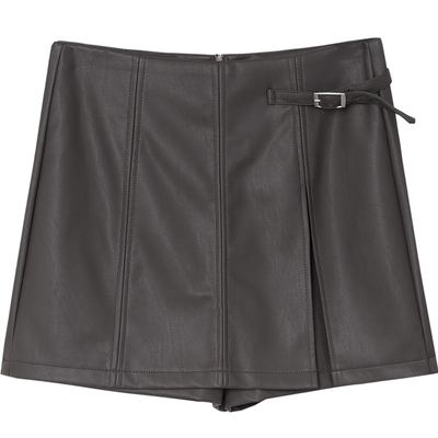 修身简约阔腿PU皮复古短裙裤