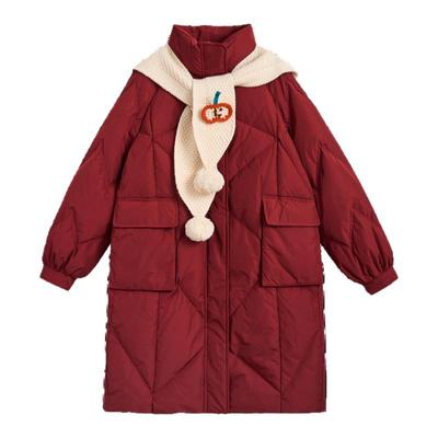 紫涵中长款立领菱格红色羽绒服女冬季新款宽松加厚保暖白鸭绒外套