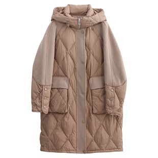 科尚2025冬装新款时尚连帽毛呢羊毛拼接羽绒服中长款外套90鸭绒