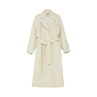 范洛2024年冬装新款香格尼肌理感拼色织带翻驳领毛呢外套大衣女