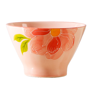 5英寸斗笠碗手绘花朵陶瓷碗家用饭碗汤碗餐具套装粉色黄色小花碗