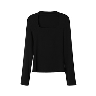 【到手89元】时髦挂肩方领法式针织上衣小众黑色长袖T恤打底衫女