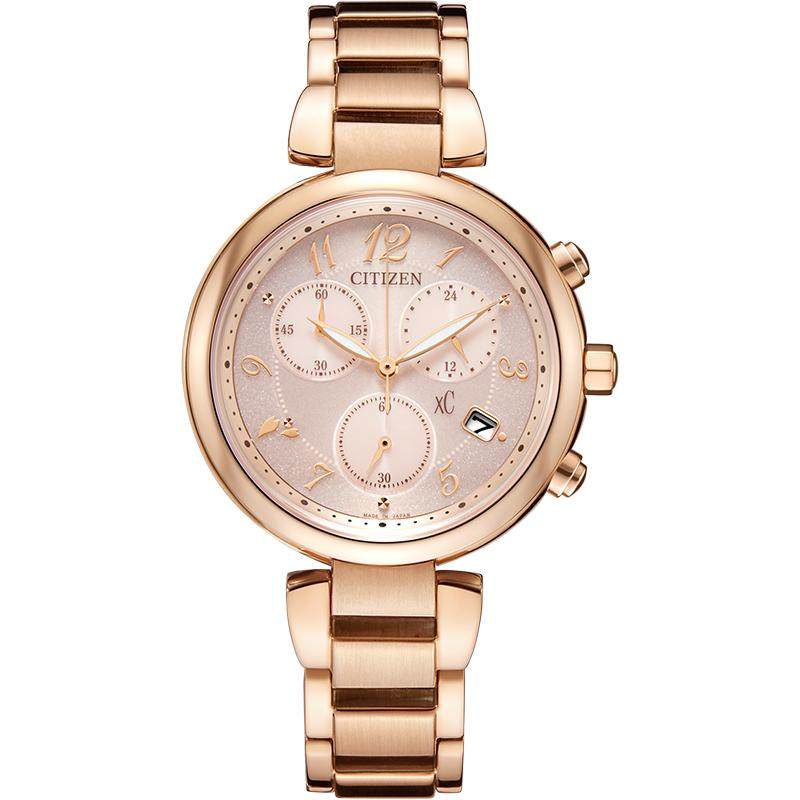 西铁城旗舰店xC系列粉金色三眼计时时尚优雅光动能女士手表FB1452