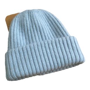 显白冰川蓝~韩国纯色兔毛毛线帽百搭冬季保暖加厚坑条针织帽子女